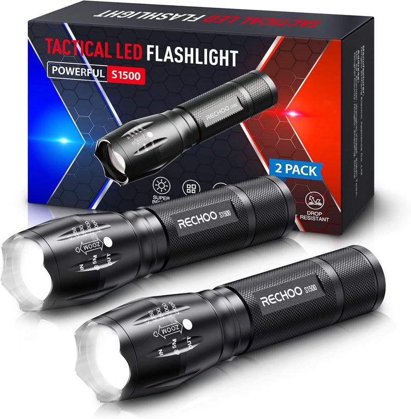 Rechoo 2 Pack LED Flashlights High Lumens - 5 Modes, Zoomable, Waterproof & Super Bright Tactical Torch for Camping, Hiking, Emergency, Home Essentials (Batteries not Included) - Image 1